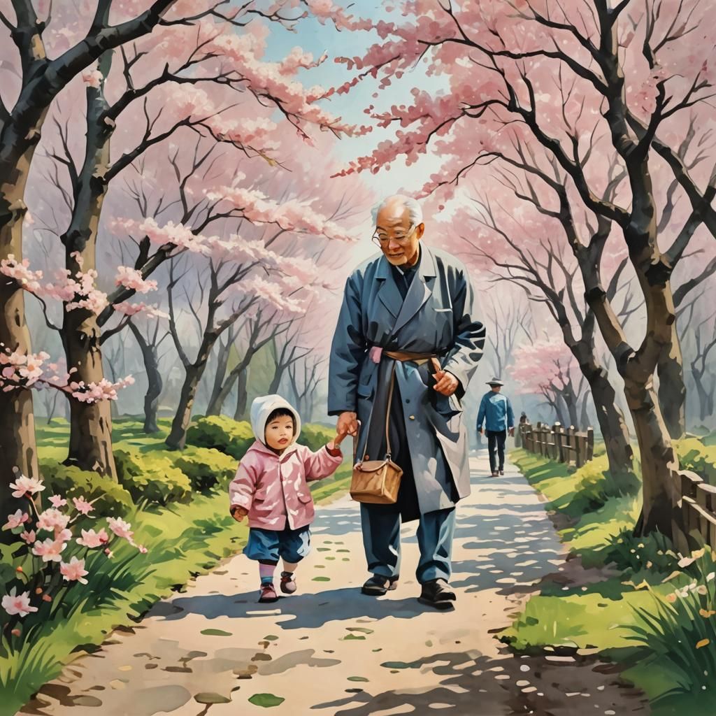 Grandfather teaching a baby how to walk, along a path of Sak...