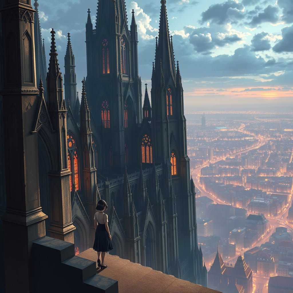 Gothic Anime Cathedral with Woman, Matte Painting