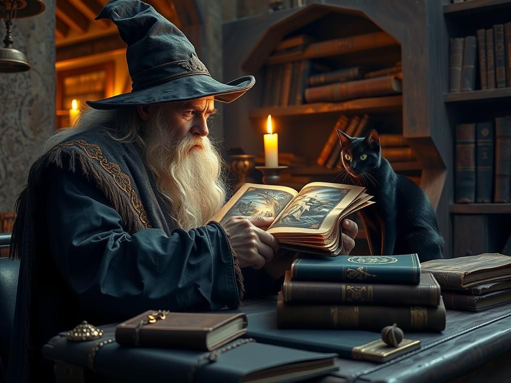 Wizard sitting at an old desk looking at a book where a scene plays out of the books pages. A candle ...  by @WDWParksGal