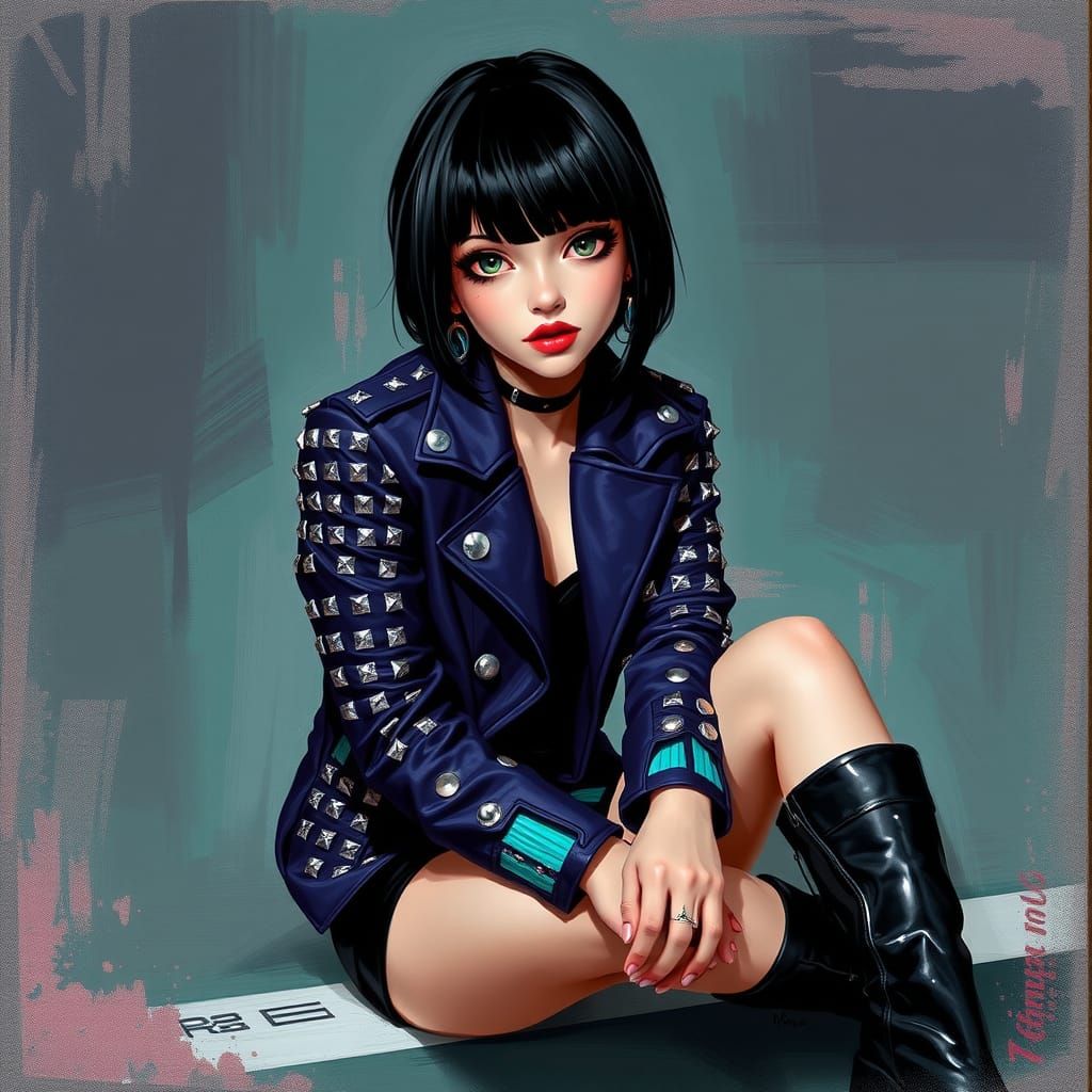 Edgy woman, dark purple, teal, black, studded jacket, knee h...