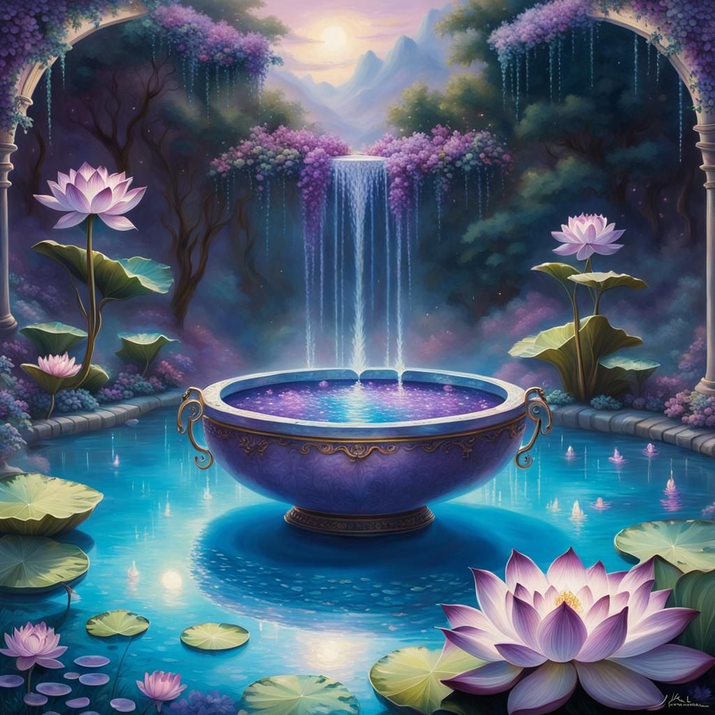 Purple crystal pool with purple crystals& Beautiful blue wat...