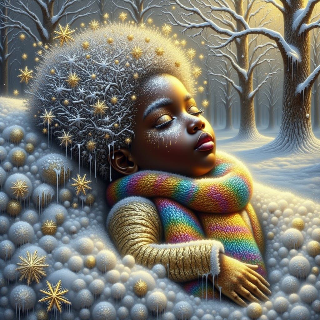 <lora:Frozen time:1.0> A little African girl with her long hair made entirely of shiny golden snowflakes,  wrapped and covered by white drip...