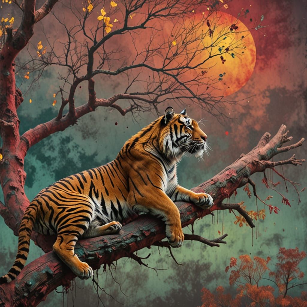 A Tiger sitting on a tree branch