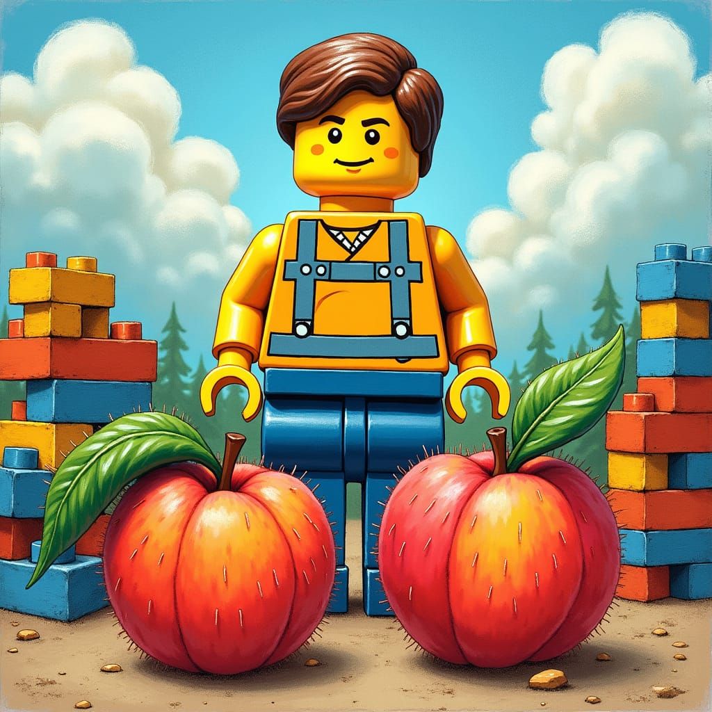 A crayon sketch of a legoland drawing. Add 2 peaches with some hairy feet as well