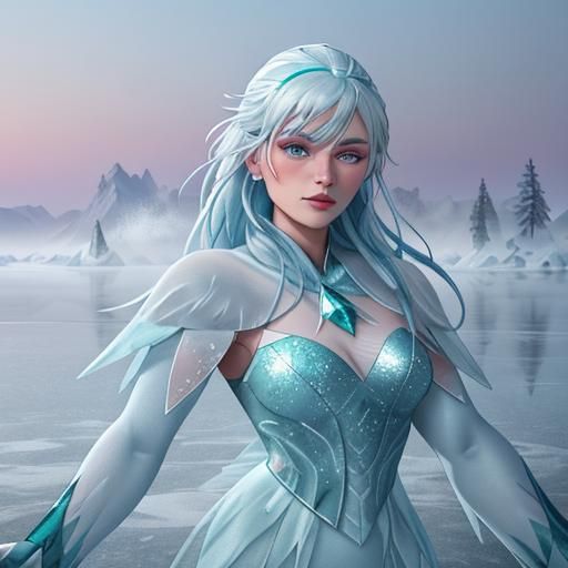Ice Woman Skating on Frozen Lake: Matte Painting