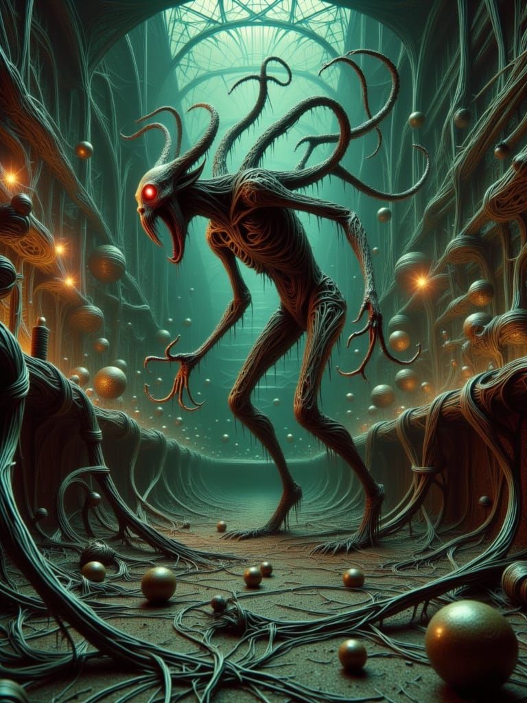 Grotesque Creature in Derelict Lab: Gothic Horror Art