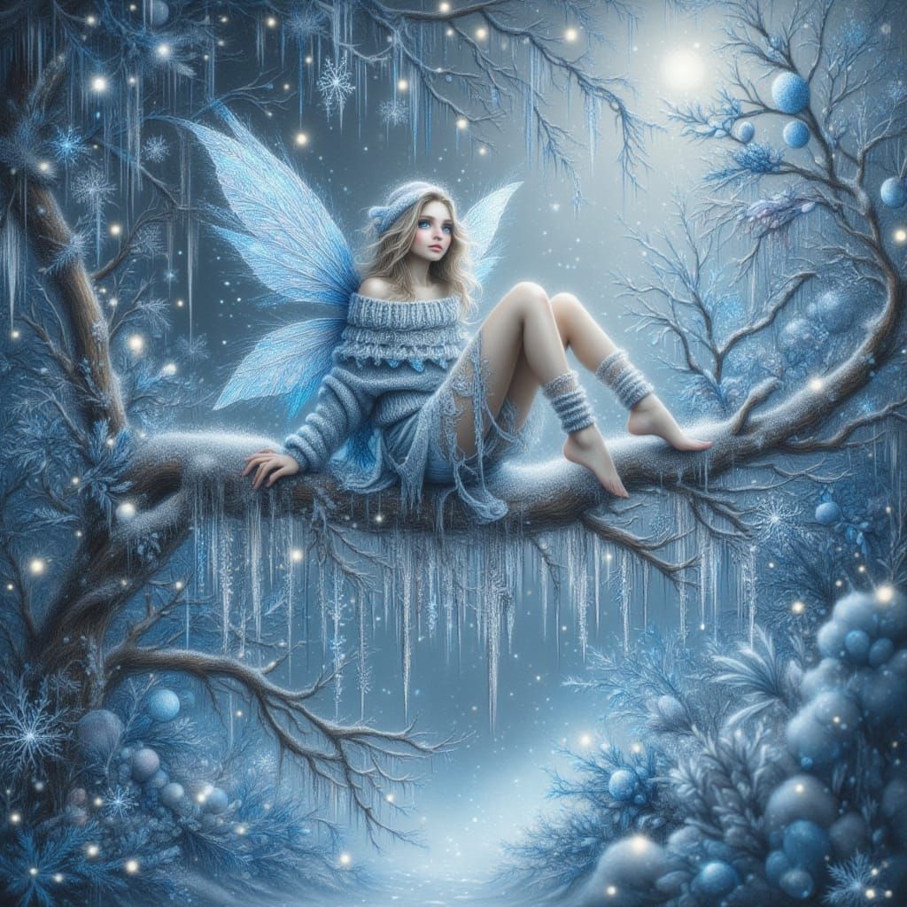 <lora:kkd-WinterFairy:1.0>Winter modern fairy in a winter scene sitting on a tree