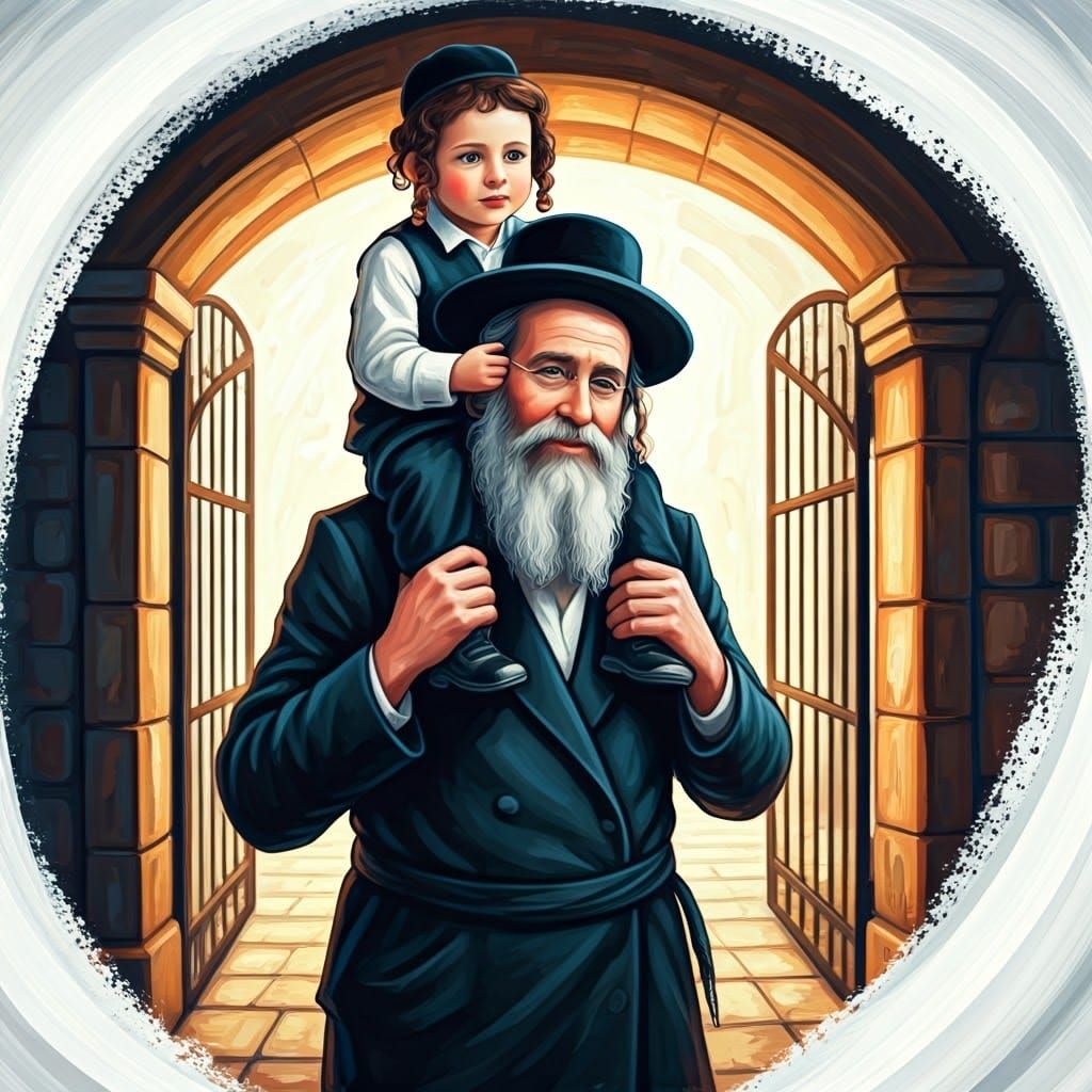 Hasidic Man Carries Child: Gouache-Style Illustration