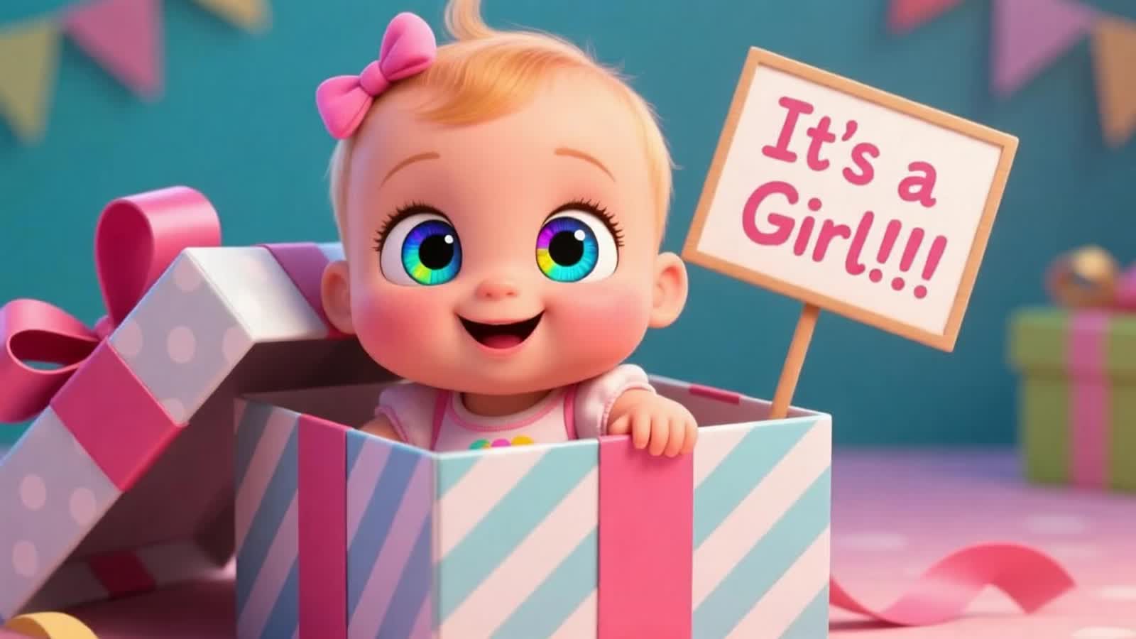 An adorable, big multicolored eyed, baby girl popping out of a present box with a sign that says "It's a Girl!!!"