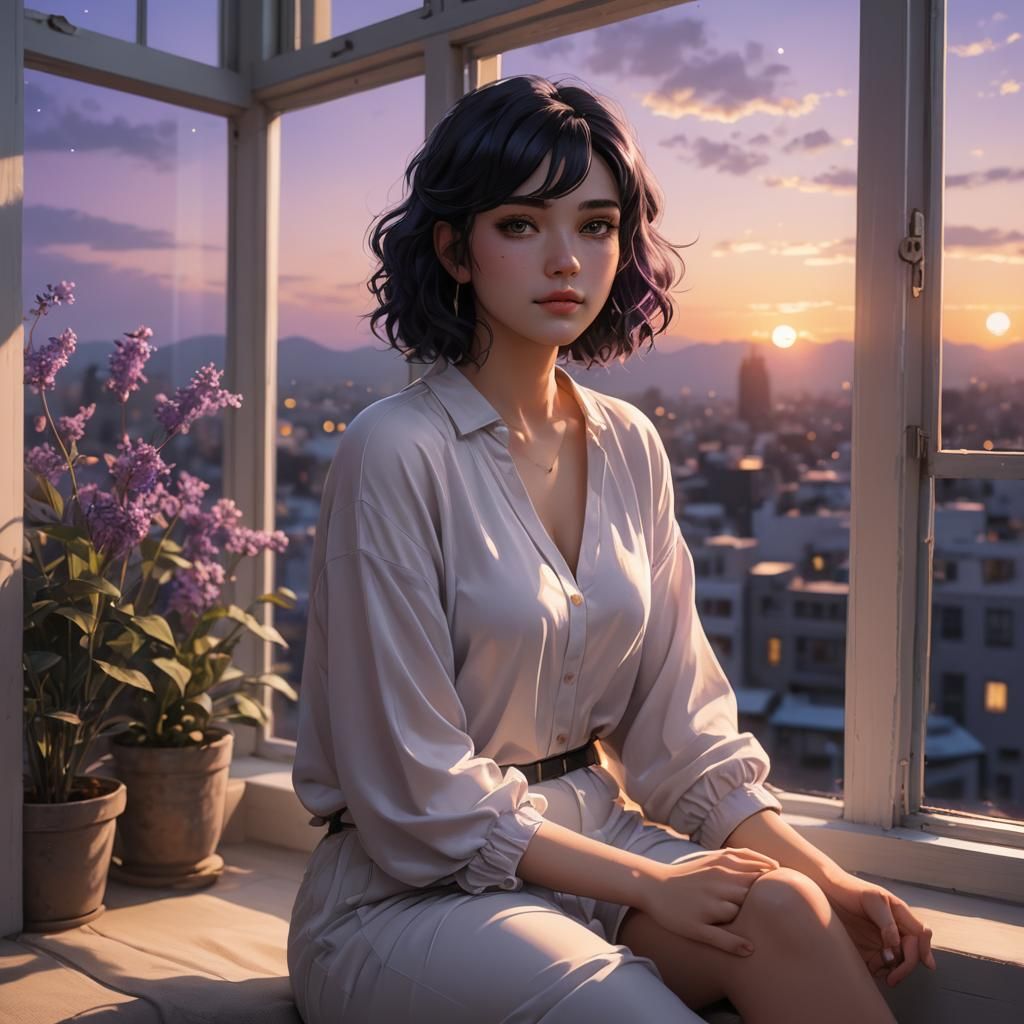 beautiful girl sitting by the window