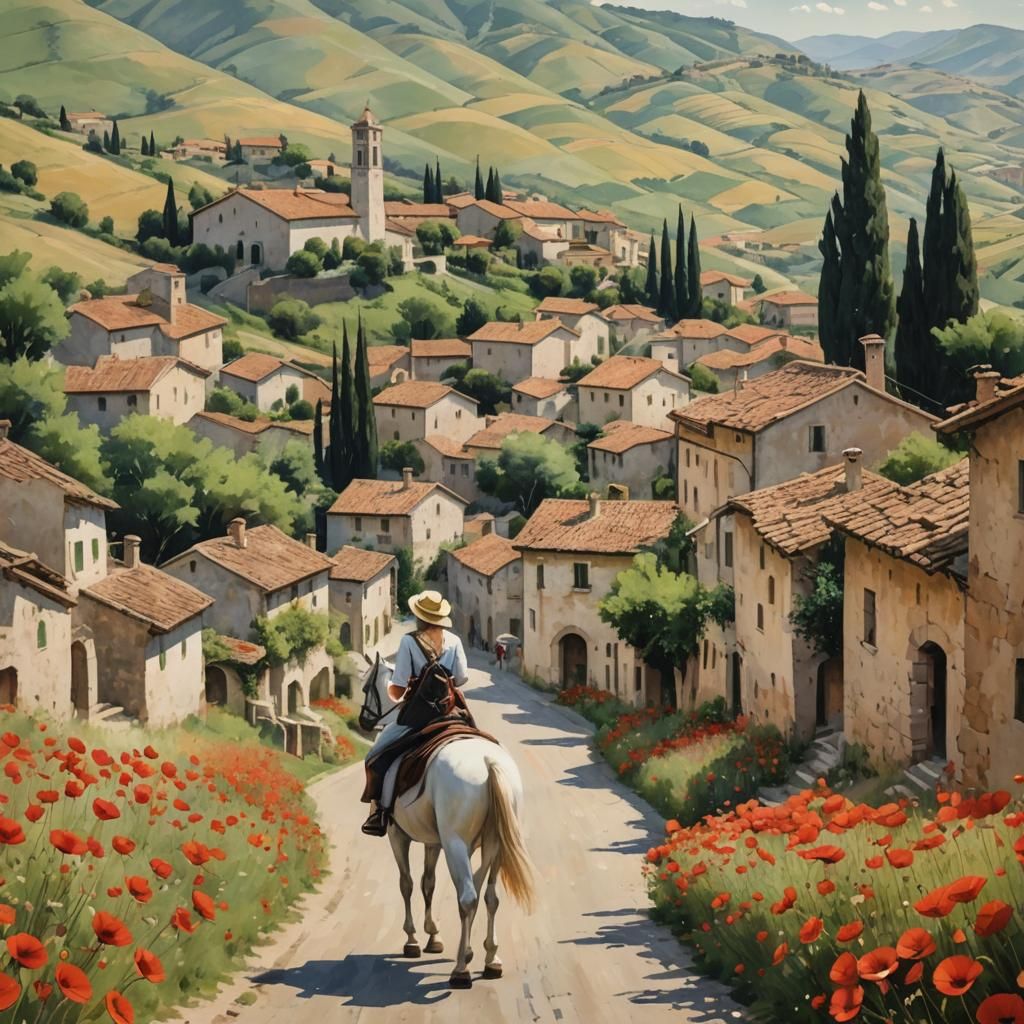 italian village street with girl on white horse wiev hills p...