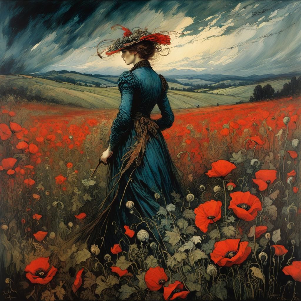 storm over the poppy field, by Arthur Rackham, Carne Griffit...