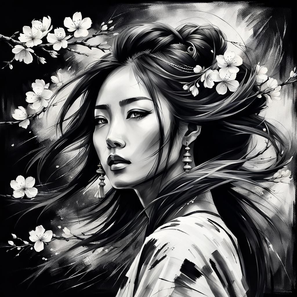 Textured Black and White Portrait of Girl in Charcoal Style