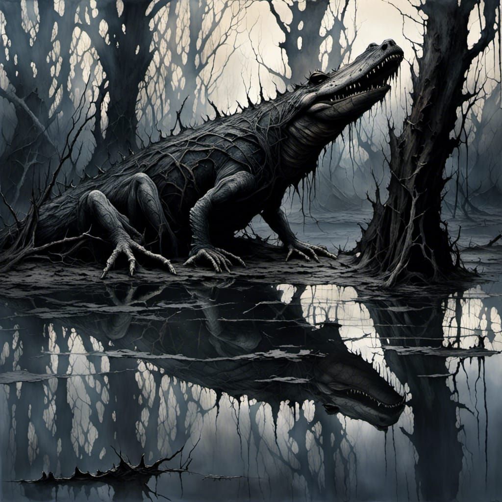 A beast in a  muddy creepy area in the mangrove at night