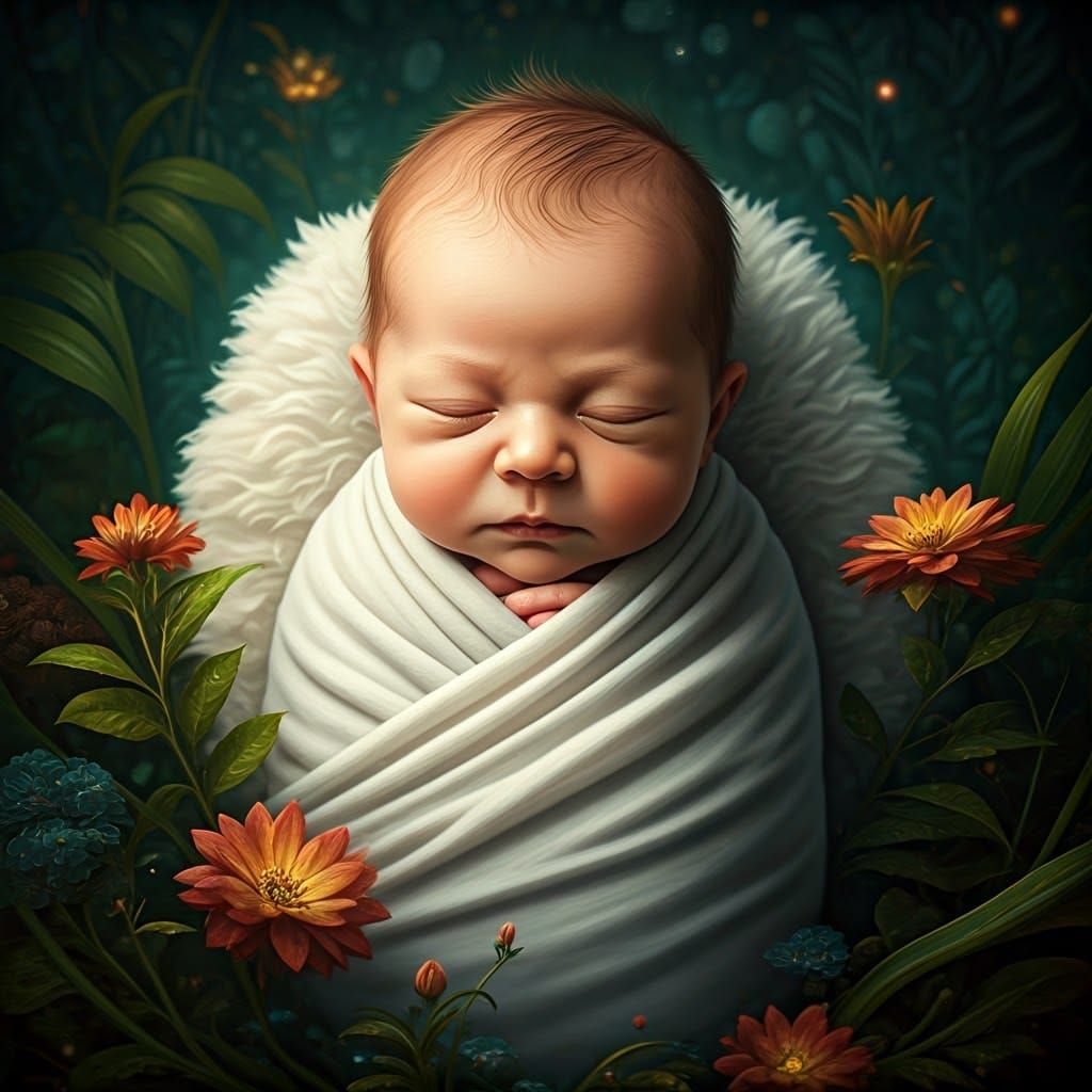 Surreal Newborn in Enchanted Realm with Glowing Blooms