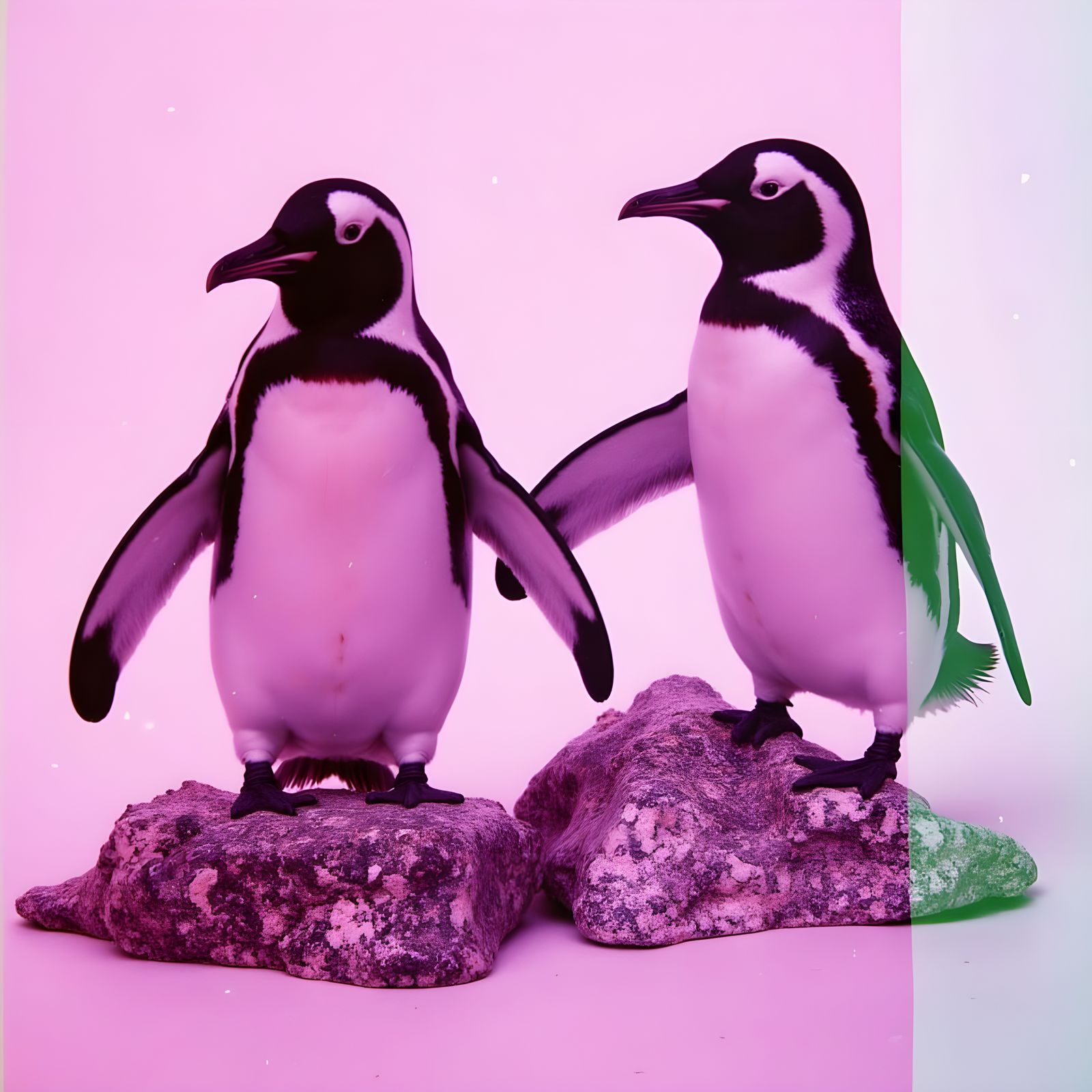<lora:doublxposefilmglitch:1.0> Pink penguins peacefully paint perfect polka-dot purple pyramids double exposure film glitch