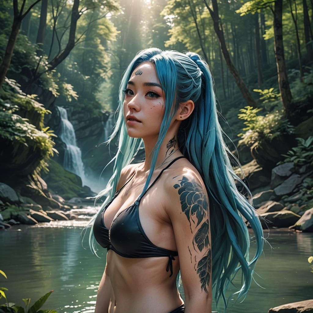 Anime Girl in Forest Lake: Hyper-Realistic Portrait