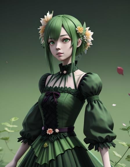 Monster doll woman with beautiful green leafs with flowers d...