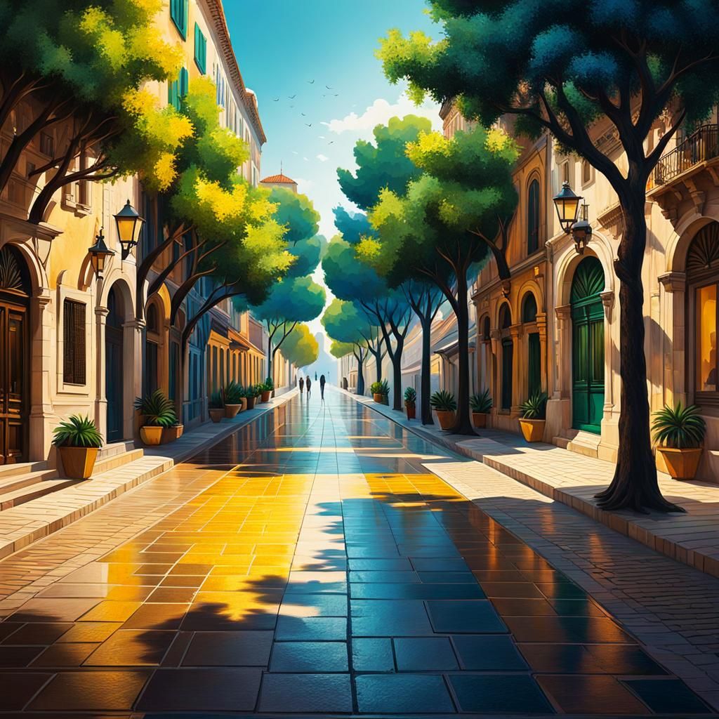 Wide promenade with trees at an old town of a Mediterranean ...