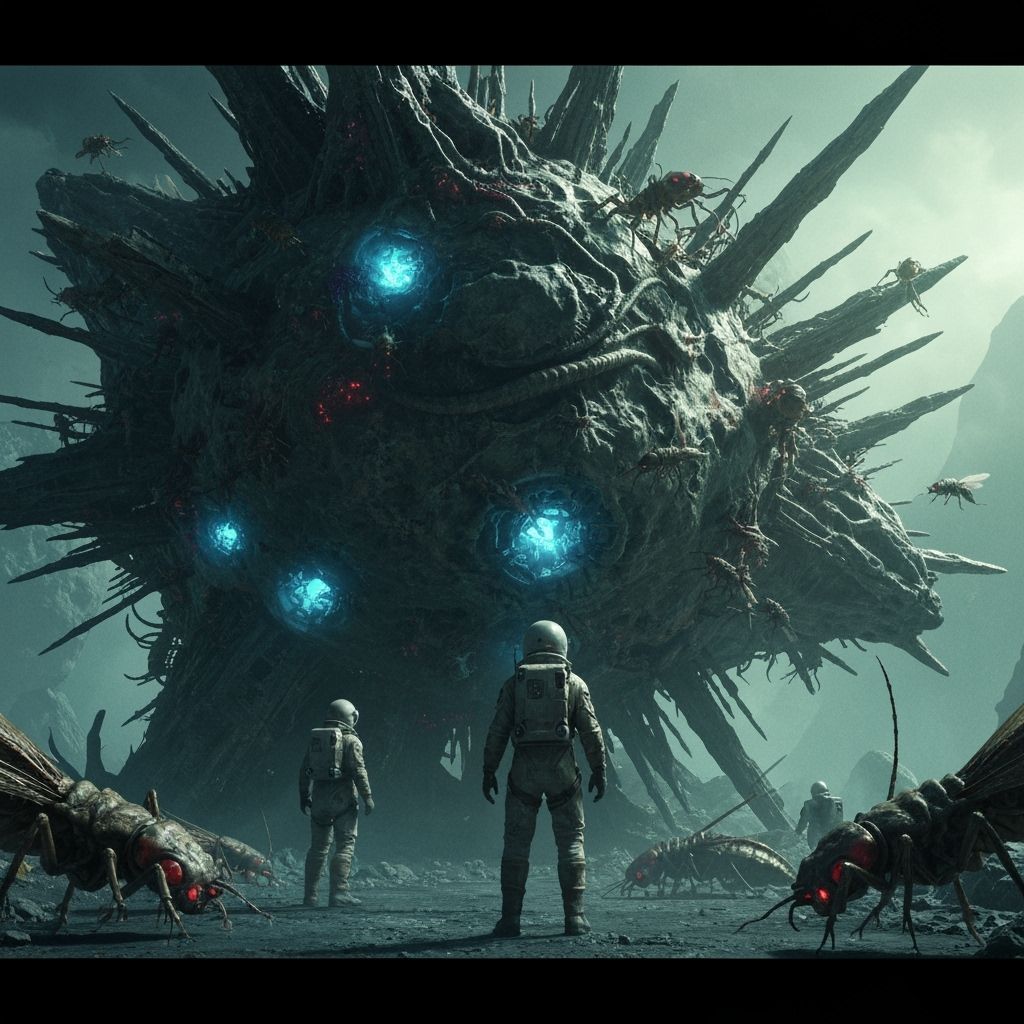 A colossal, hive-like alien structure floating in deep space — part asteroid, part organic superstructure. Its surface swarms with insectoid...