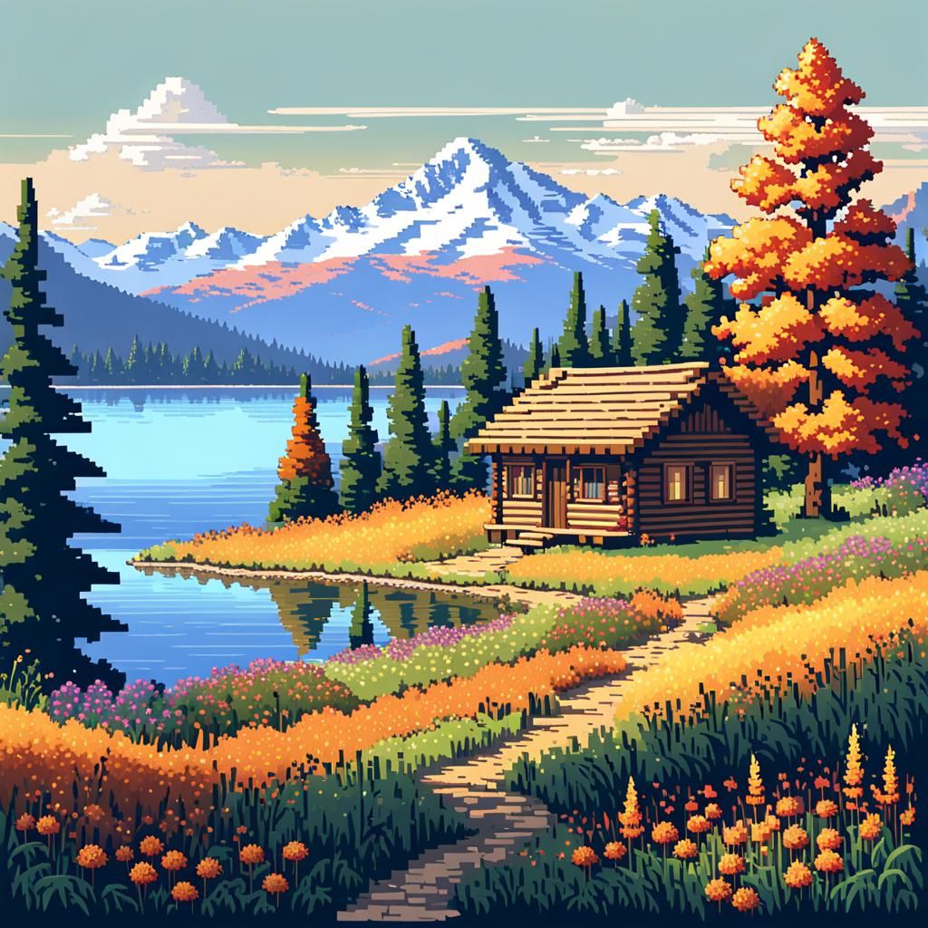 pixel art of an autumn meadow near the lake  by @Angelika