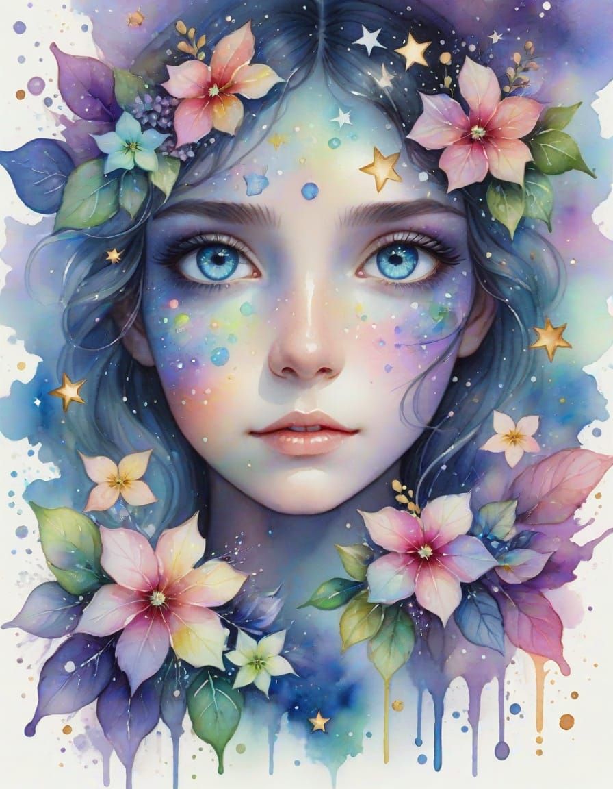 Opal Eyes with Hydrangeas in Watercolor Splash Art