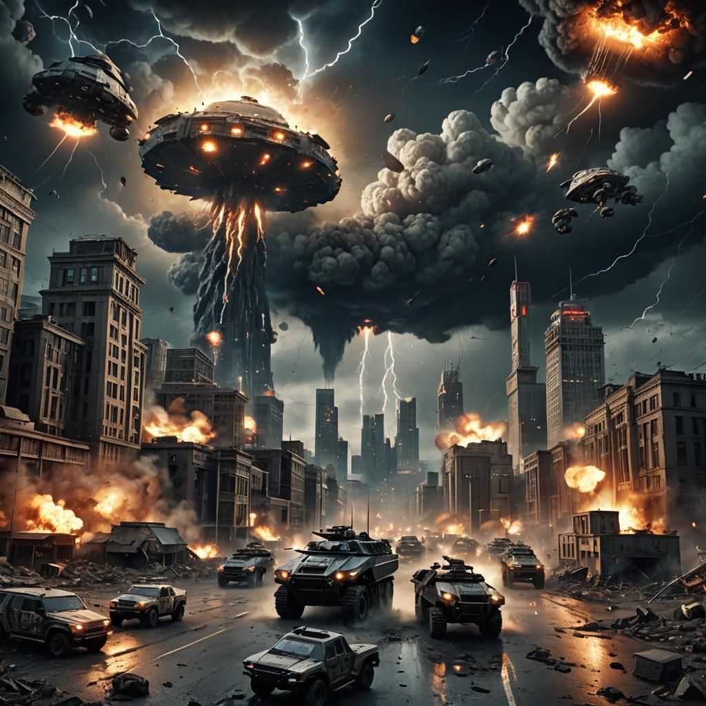 Photorealistic apocalyptic city with futuristic heavily armo...