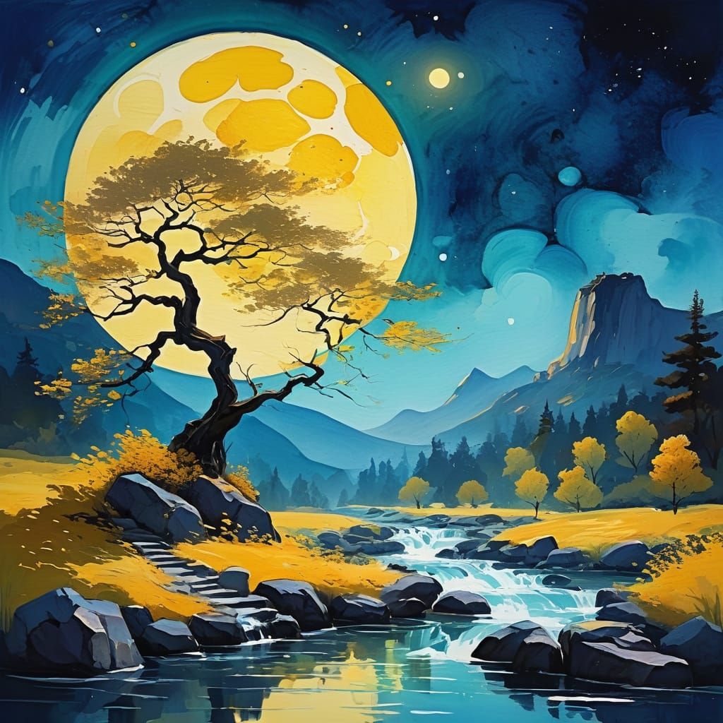 The image is a stylized landscape, executed in bright, contrasting colors. In the center of the composition is a curved tree with golden lea...