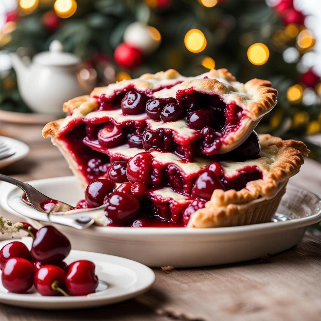 a delicious plump cherry pie in the cetre of a stacked, festive feast  by @BTMO