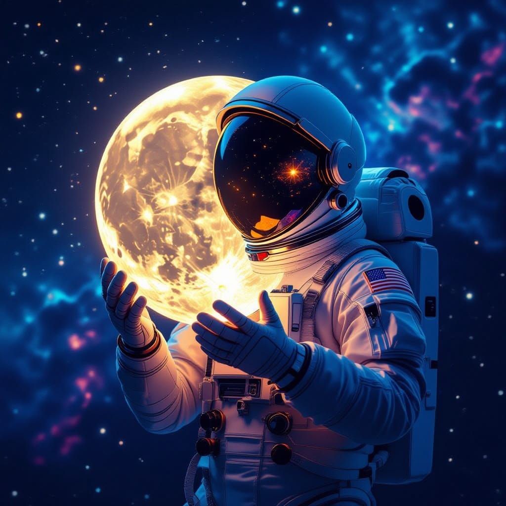 Astronaut Holds Glowing Moon in Cosmic Nebula