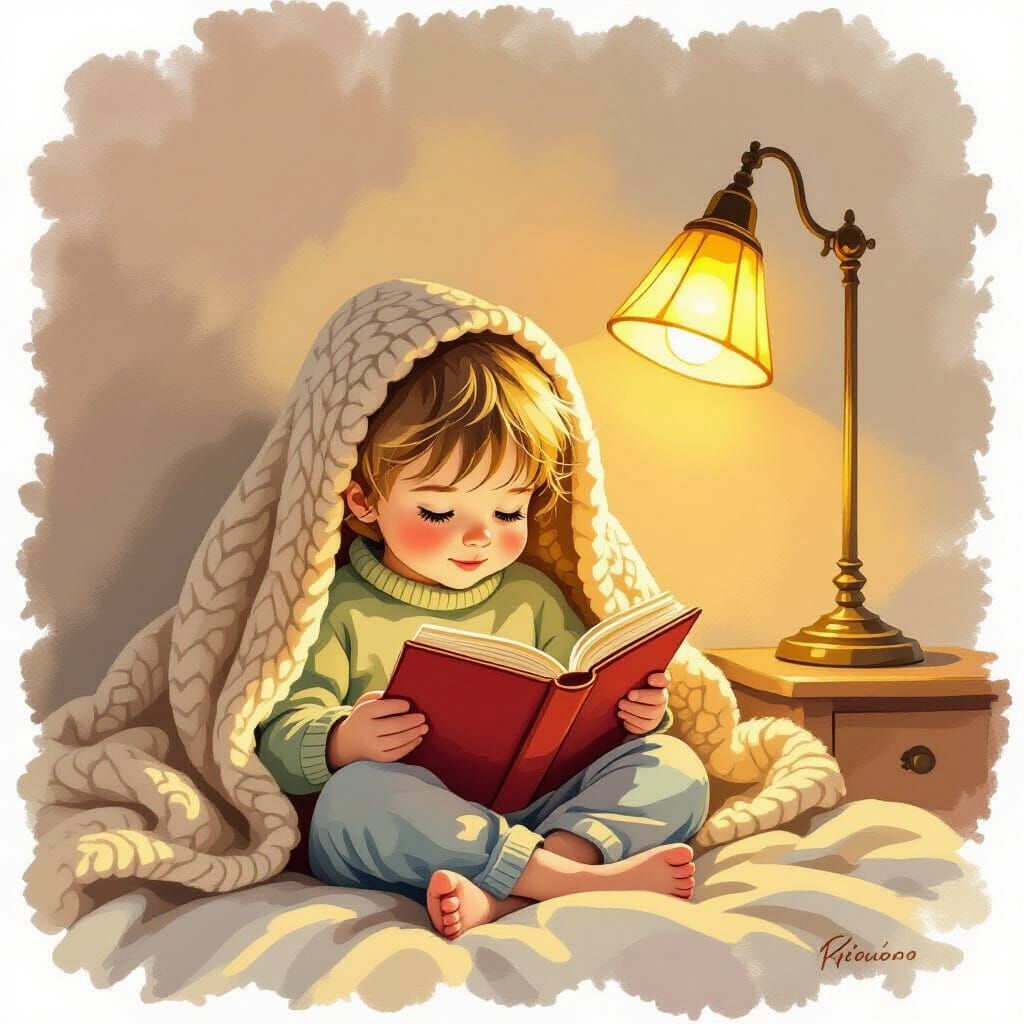Child Reading Under Blanket With Vintage Lamp