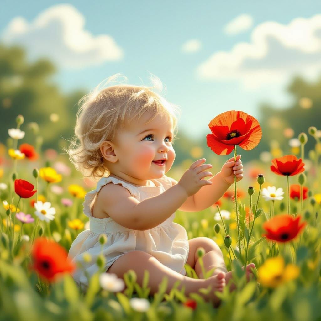 Cute Blonde Baby in Colorful Flower Field