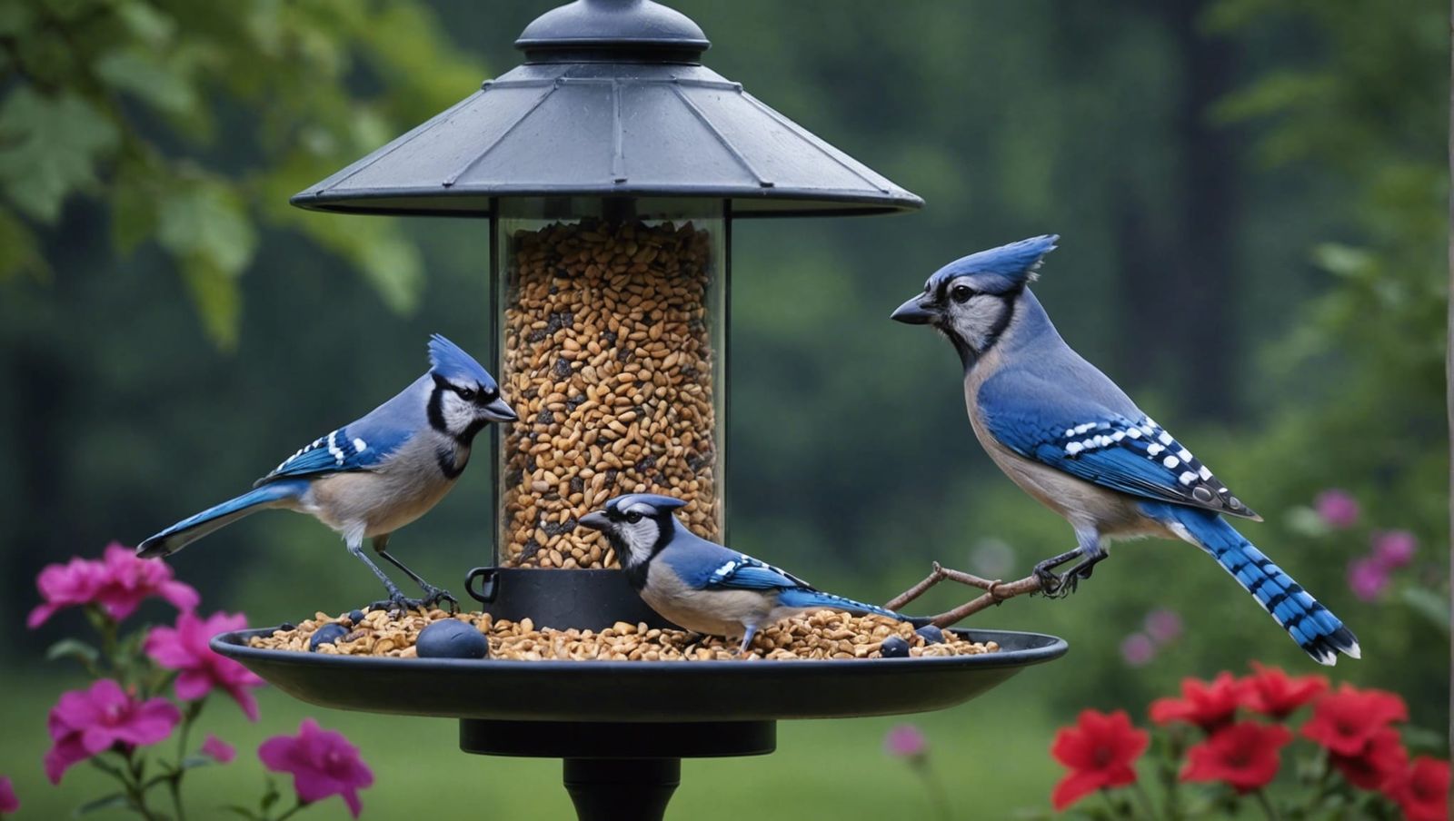 a large yard bird feeder with a Blue jay a male cardinal, A ...