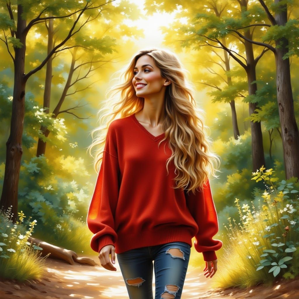 <lora:WatercolorPaintiFlux:1.0> <lora:Illuminations flux:1.0> beautiful woman blonde hair cascading down her shoulders, red wool sweater, wa...