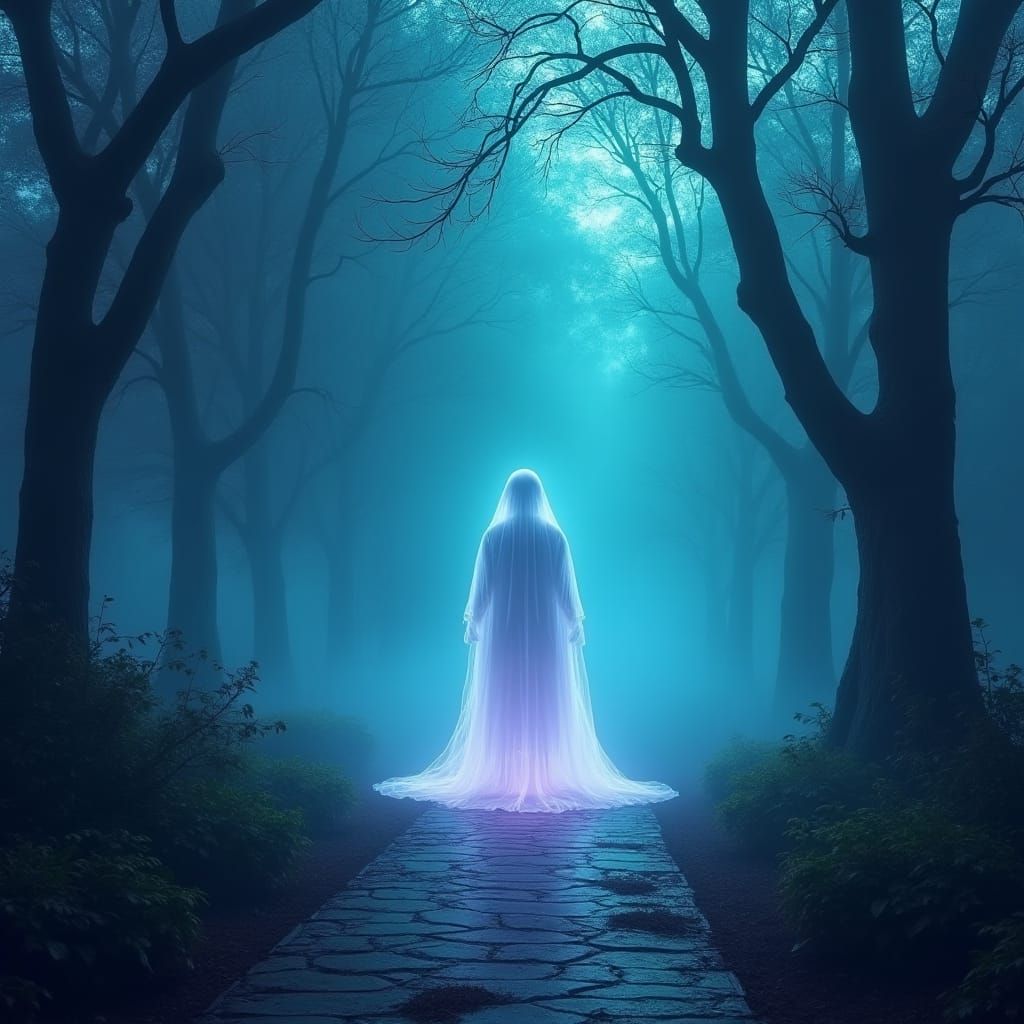 Ghostly Figure on Misty Path: Fantasy Concept Art