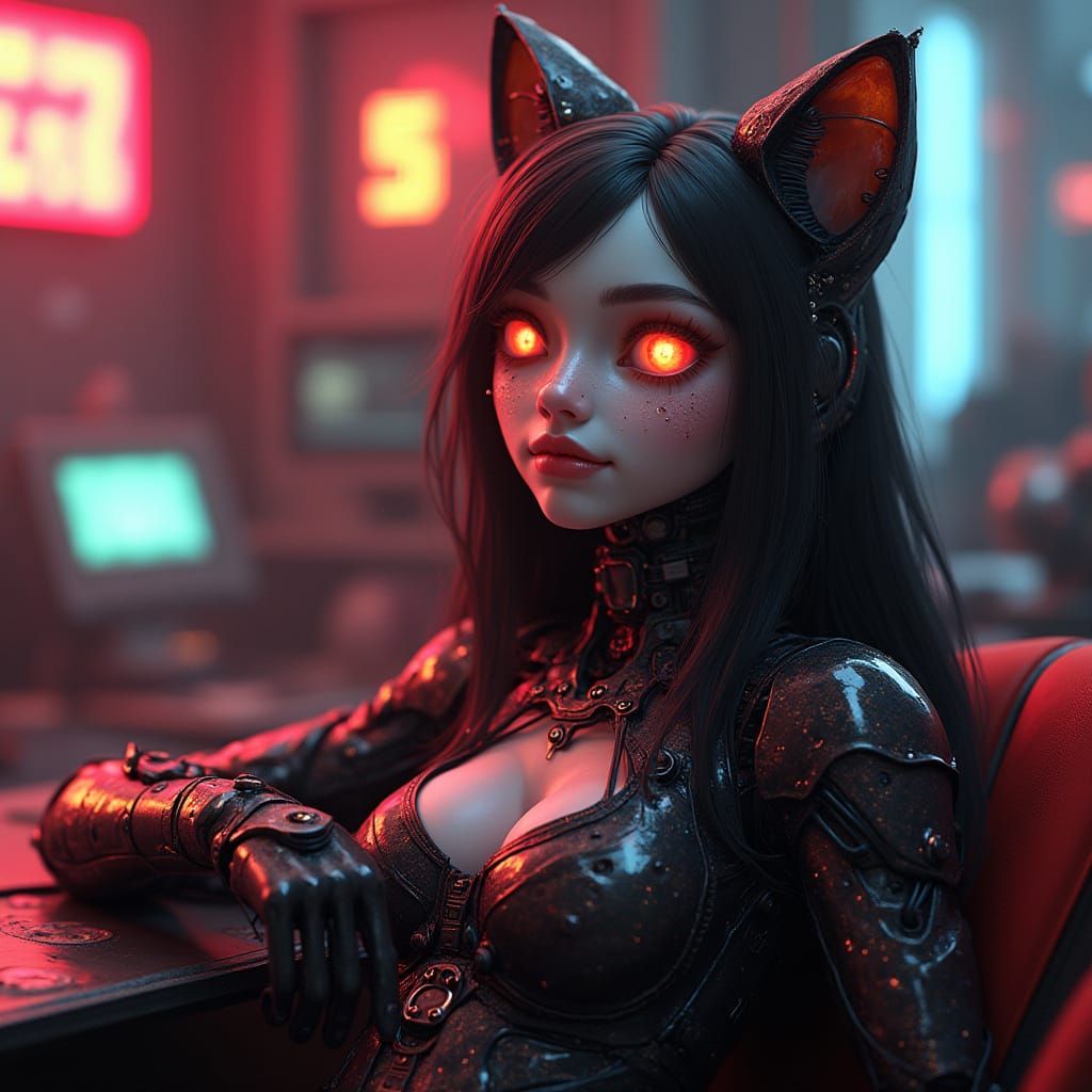 In a cyberpunk steampunk mashup future AI dwell in manufactured robot bodies this one has been created to look like a fe...