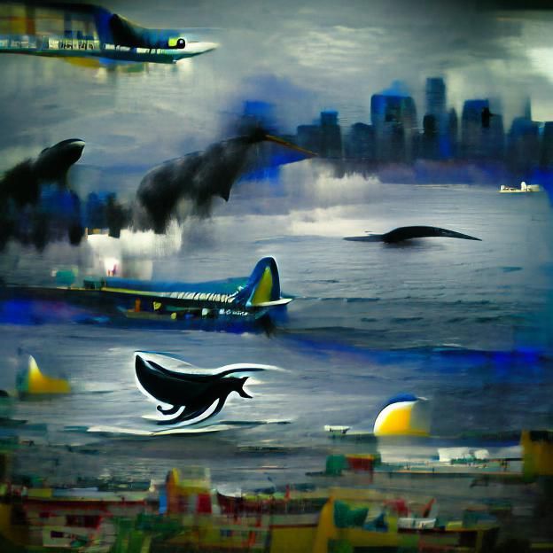 a whale racing with an airplane film noir impressionism