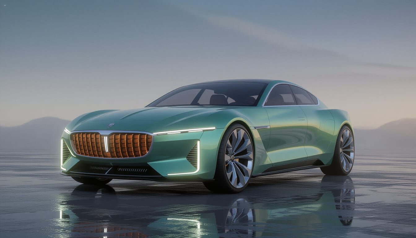  Photorealistic render of a futuristic luxury concept car on misty gray ground. The car has a sleek, elongated design with a metallic sage g...