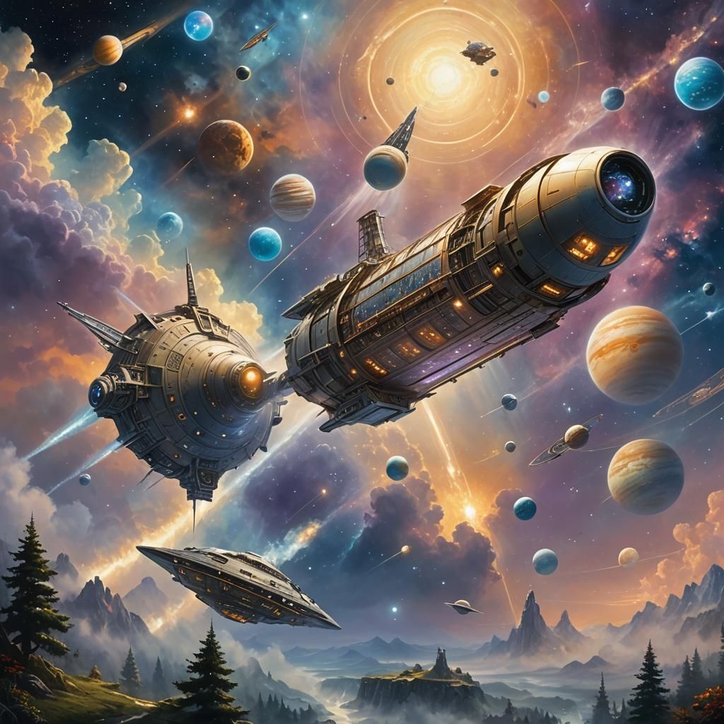 Cylindrical space ship with two external drive pods traversi...