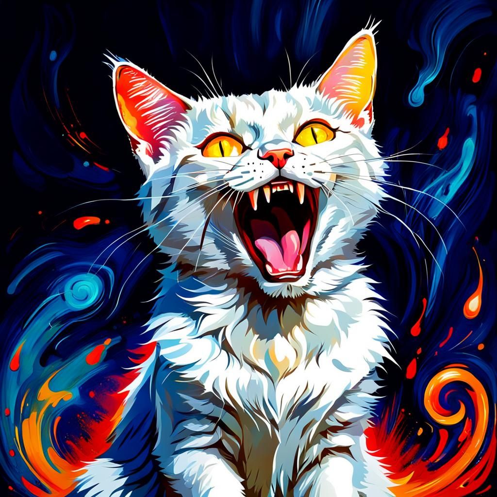 a bridezilla cat yawning, with glowing eyes