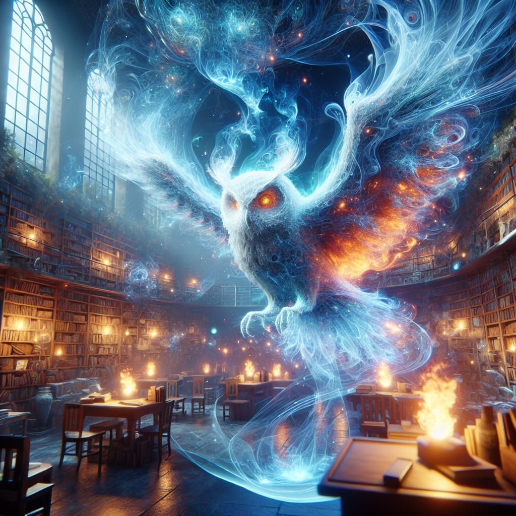 Fiery Owl Ascending in Mystical Library: Matte Painting