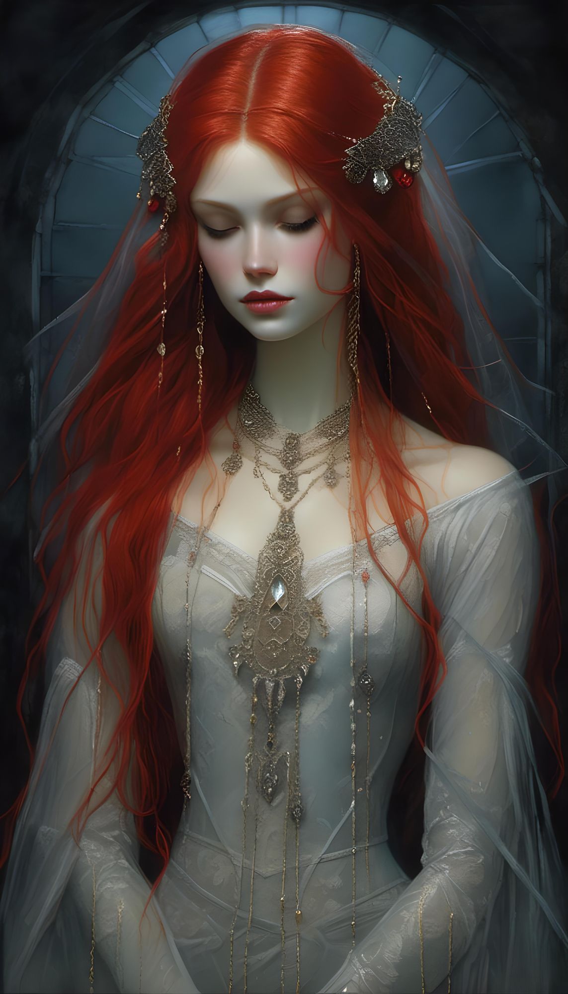 <lora:Portrait Enhance:1.0> Vampiress, Wife of Dracula, Elena long red hair in an updo with braids and brown eyes, heart-shaped face, veil s...