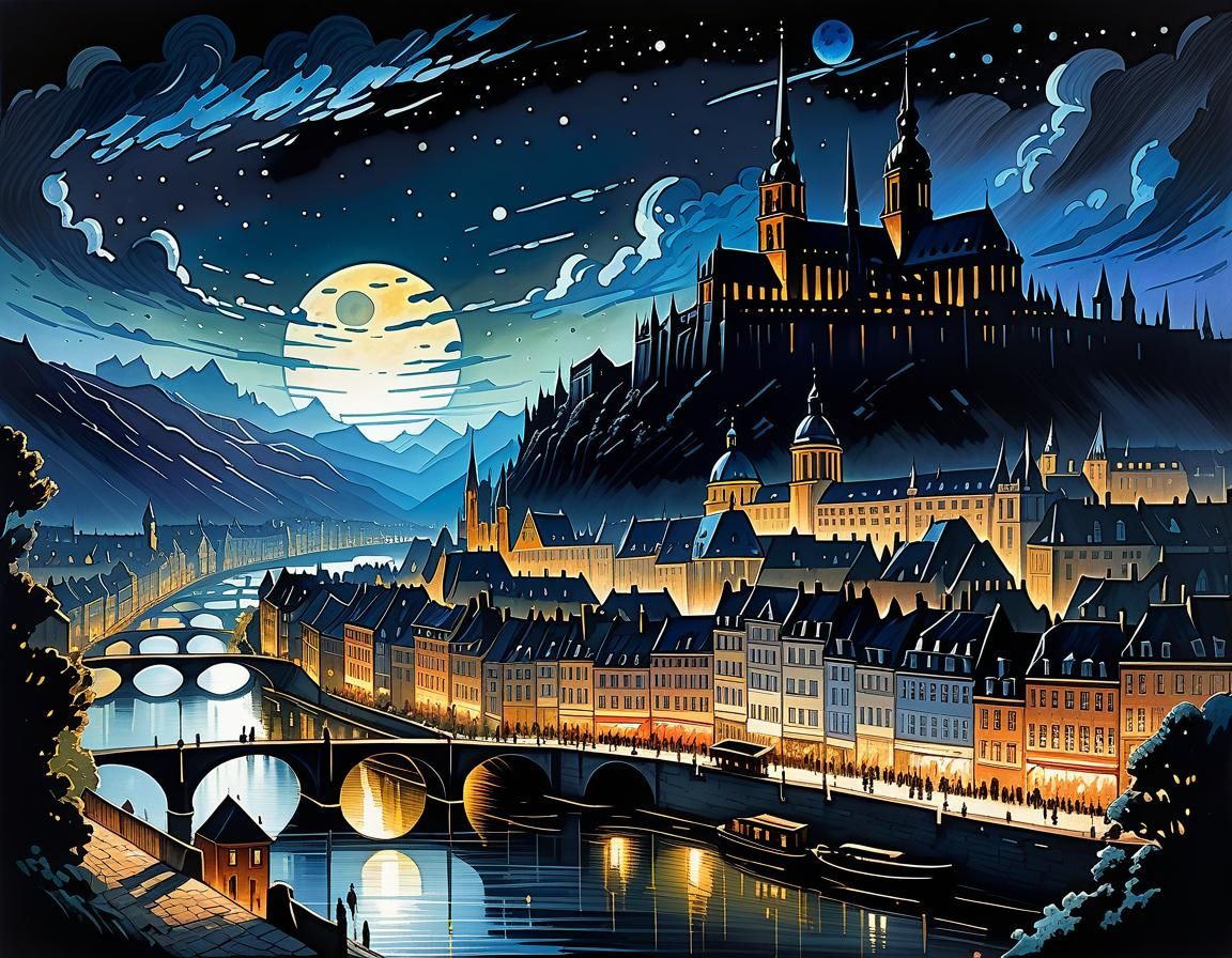 The silhouette of a European city at night in the middle ages   by @Sunil