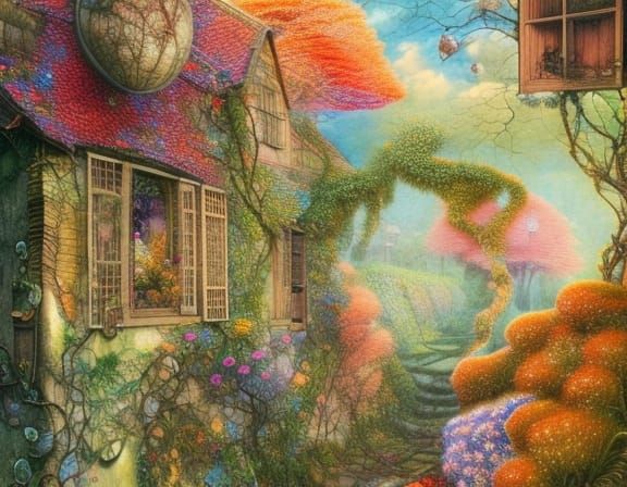 quaint cottages nestled along rolling green fields, colorful...