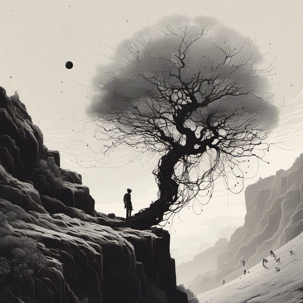  <lora:cminimalisk:1.0> minimalism  black and white science fiction cover illustration ; tree on a cliff