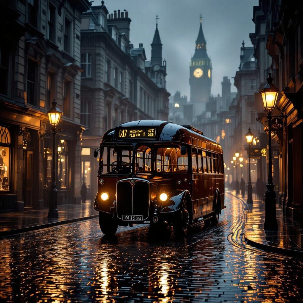 Old vintage bus in gas light edwardian London with rain and reflection 