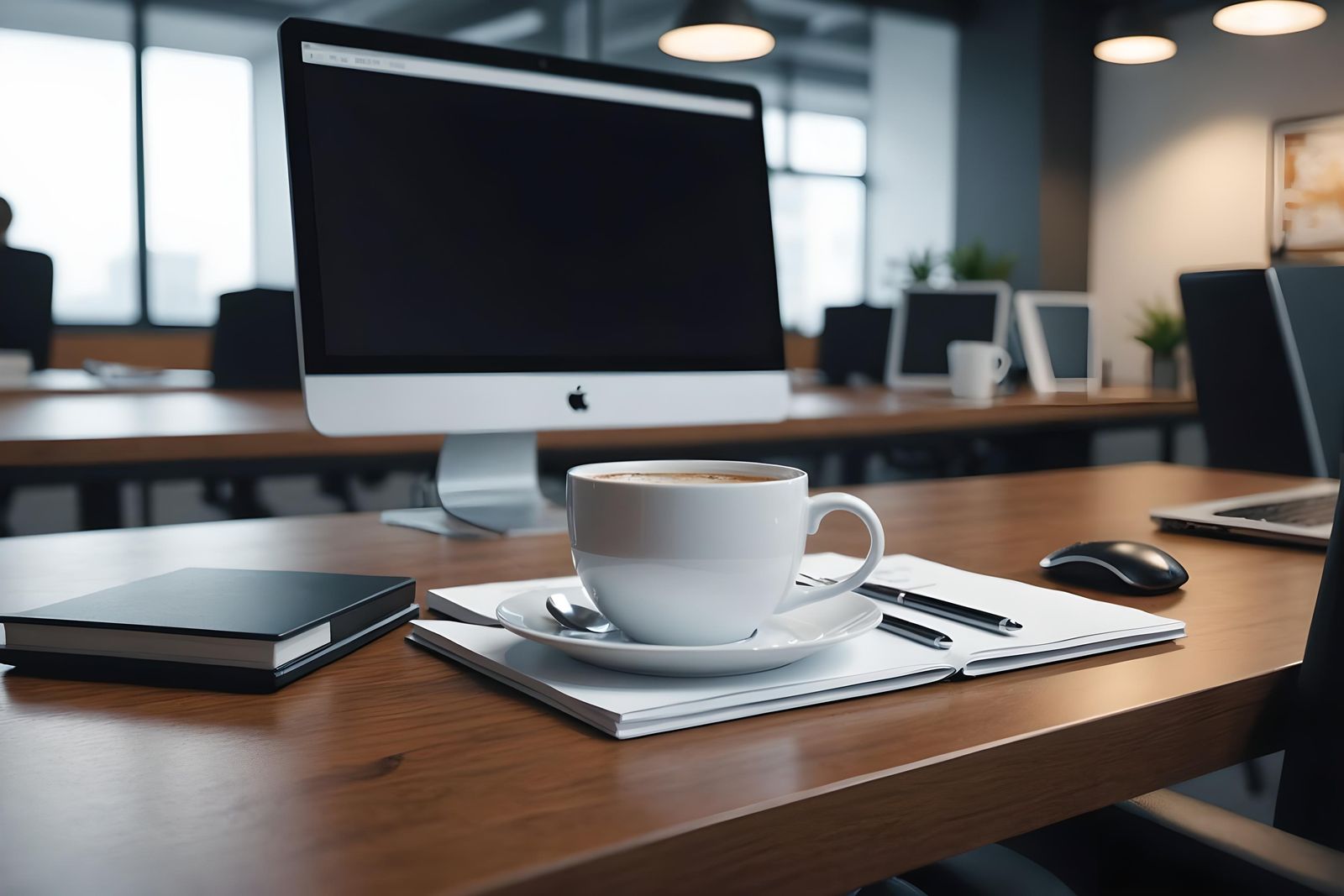 white coffee cup with computer on office table for business concept, in