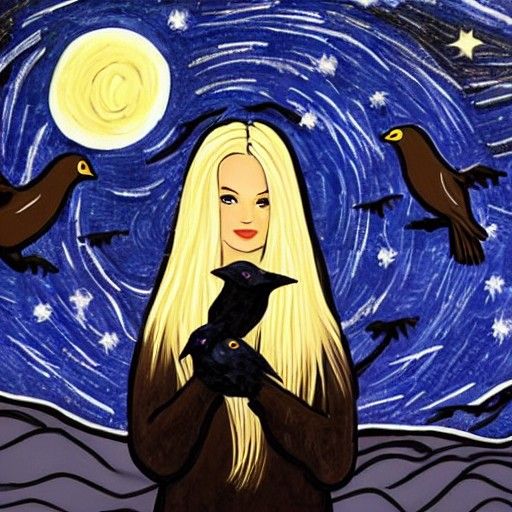 A pretty blonde woman with long hair holding two Ravens on a...
