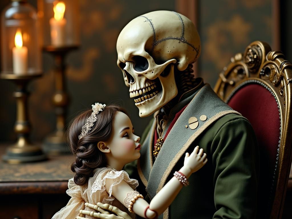skeleton, holding a human doll