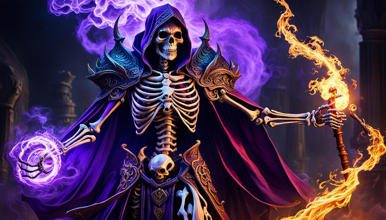 Extremely photo realistic highly elaborate skeleton sorcerer battling ...